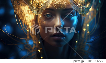 Portrait of a mystical fantasy bioluminescent neon woman. Glamorous fashionable lady. Generative AI Art. Portrait of a mystical fantasy bioluminescent neon woman. Glamorous fashionable lady. Generative AI Art. 101574277