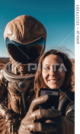 Selfies with an alien. An alien invader from an alien planet. Generative AI Art. 101574303