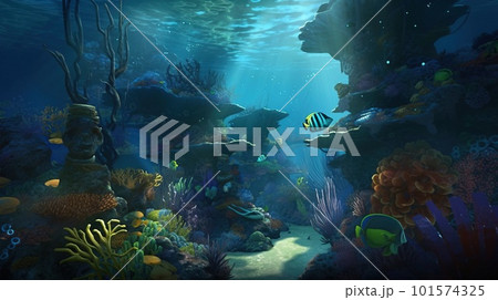 The ecosystem of the underwater marine world. Colorful tropical beautiful ocean fish. Generative AI Art 101574325