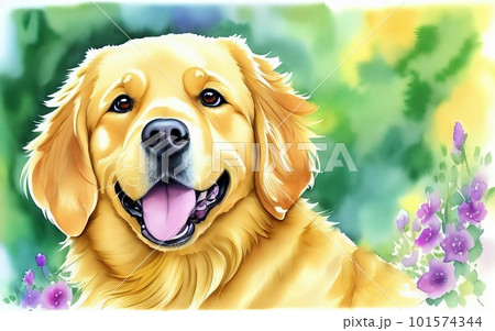 A Watercolor Portrait of a Golden Retriever. Generative AI. 101574344