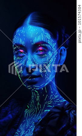 Portrait of a mystical fantasy bioluminescent neon woman. Glamorous fashionable lady. Generative AI Art. 101574384
