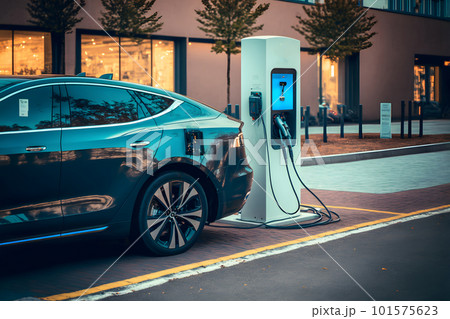 electrical vehicle near charging station in daytime summer urban environment, neural network generated art electrical vehicle near charging station in daytime summer urban environment, neural network generated art 101575623