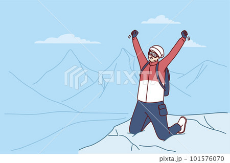Inspired traveler man stands on mountaintop rejoicing at successful climbing Everest peak 101576070