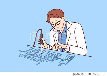 Man engineer uses soldering iron to repair computer board or invent new technology 101576090