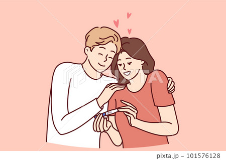 Happy couple with pregnancy test rejoices to see result predicting birth of child Happy couple with pregnancy test rejoices to see result predicting birth of child 101576128