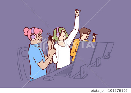 Team of delighted esports players participating in gamer competition in multiplayer game or MMORPG 101576195