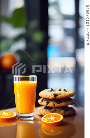 Cookie with glass of orange juice and fresh fruits on wooden table. 101576950