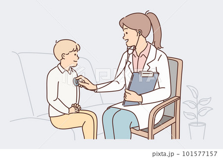 Woman pediatrician uses stethoscope listening to heartbeat of child during pre-school checkup Woman pediatrician uses stethoscope listening to heartbeat of child during pre-school checkup 101577157