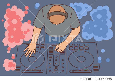 Nightclub DJ uses mixing console to play music from vinyl records to party goers Nightclub DJ uses mixing console to play music from vinyl records to party goers 101577360