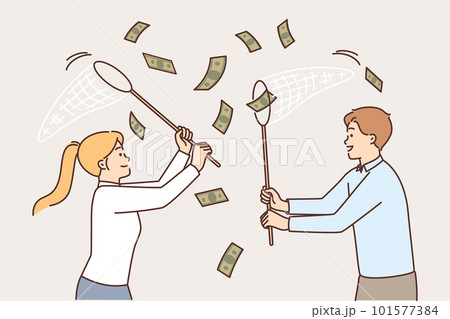 Business people catching money falling from sky using net for easy earning or casual income concept Business people catching money falling from sky using net for easy earning or casual income concept 101577384