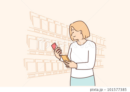 Woman looking for sweet chocolate on grocery store shelves choosing low calorie breakfast dessert Woman looking for sweet chocolate on grocery store shelves choosing low calorie breakfast dessert 101577385