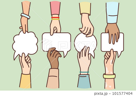 Hands of people with dialogue bubbles symbolizes negotiations with aim of making joint decision 101577404