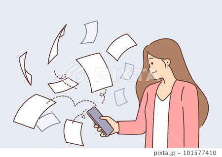 Girl with phone near flying papers symbolizing document management and digitization of paperwork 101577410