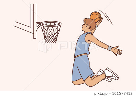Man basketball player with ball jumps to score goal into net during match against team from college 101577412