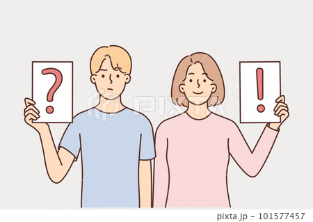 Man and woman showing signs with question and exclamation marks for concept of disagreement Man and woman showing signs with question and exclamation marks for concept of disagreement 101577457