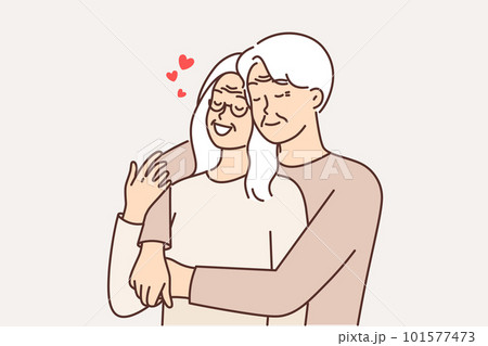 Elderly couple in love from gray-haired man and woman hugging and remembering youth or first date 101577473