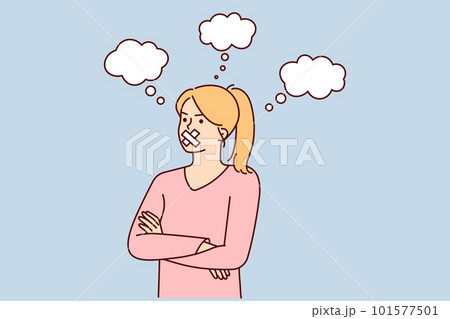 Woman with mouth sealed stands with arms crossed arranging boycott due to resentment or censorship Woman with mouth sealed stands with arms crossed arranging boycott due to resentment or censorship 101577501