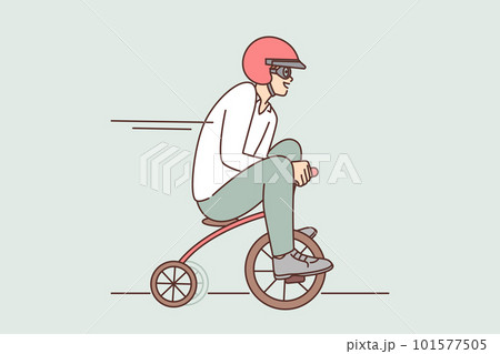 Funny man drives miniature bicycle while rushing to meeting or relaxing in spare time Funny man drives miniature bicycle while rushing to meeting or relaxing in spare time 101577505