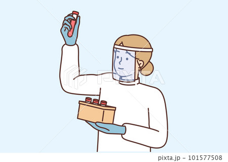 Woman nurse holds test tube with patient blood to make analysis for presence of virus or infection 101577508