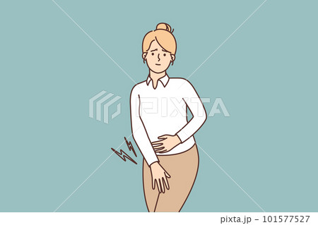 Unhappy girl painfully presses palm to perineum during menstruation or bladder problems Unhappy girl painfully presses palm to perineum during menstruation or bladder problems 101577527