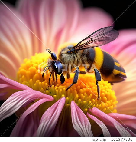 A bee collecting nectar from a flower is seen in detail in a macro shot. Generative AI. 101577536