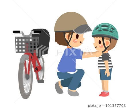 自転車用のヘルメットを子供にかぶらせているお母さん 101577708