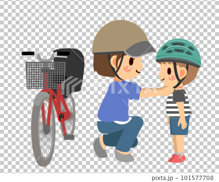 自転車用のヘルメットを子供にかぶらせているお母さん 101577708