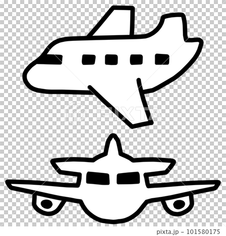 Set of 2 icon-style illustrations of airplanes facing front and side 101580175
