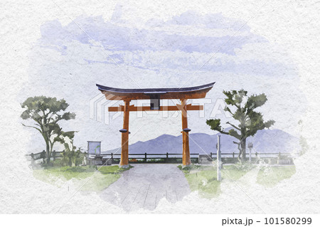 水彩画風 宮島サービスエリア 鳥居 広島県廿日市市のイラスト素材