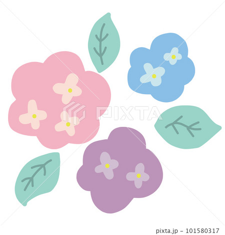 デフォルメしたアジサイの手書き風主線なしイラスト3色セット デフォルメしたアジサイの手書き風主線なしイラスト3色セット 101580317