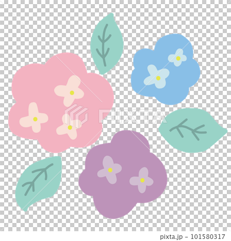 デフォルメしたアジサイの手書き風主線なしイラスト3色セット デフォルメしたアジサイの手書き風主線なしイラスト3色セット 101580317