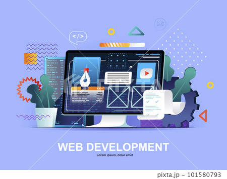 Web development flat concept with gradients. Website construct, prototyping and programming template. UI UX designer workplace 3d composition, front end development company vector illustration. Web development flat concept with gradients. Website construct, prototyping and programming template. UI UX designer workplace 3d composition, front end development company vector illustration. 101580793