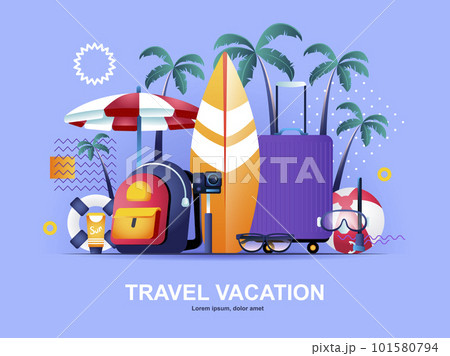 Travel vacation flat concept with gradients. Booking of airline tickets and hotel rooms web template. Summer holidays at seaside 3d composition, tropical beach vacation and surfing vector illustration Travel vacation flat concept with gradients. Booking of airline tickets and hotel rooms web template. Summer holidays at seaside 3d composition, tropical beach vacation and surfing vector illustration 101580794