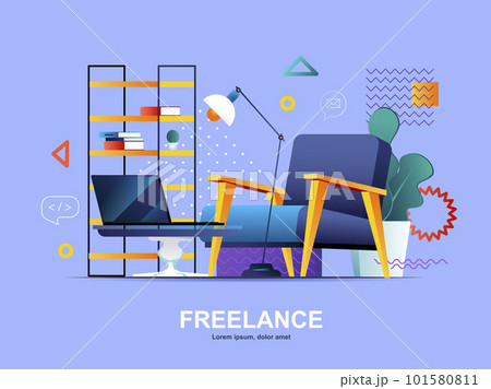 Freelance flat concept with gradients. Home office with comfortable workplace web template. Freelance platform, remote workspace 3d composition, outsourcing development services vector illustration. Freelance flat concept with gradients. Home office with comfortable workplace web template. Freelance platform, remote workspace 3d composition, outsourcing development services vector illustration. 101580811