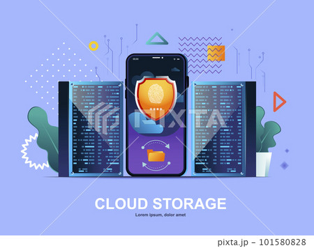 Cloud storage flat concept with gradients. Data backup mobile app, information security and privacy, web template. Virtualization technology, cloud database system 3d composition, vector illustration. Cloud storage flat concept with gradients. Data backup mobile app, information security and privacy, web template. Virtualization technology, cloud database system 3d composition, vector illustration. 101580828