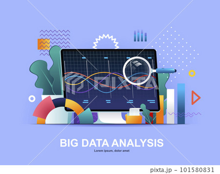 Big data analysis flat concept with gradients. Online analysis tools, software development company web template. Big data analytics and business intelligence 3d composition, vector illustration. 101580831