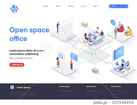 Open space office isometric landing page. Collaboration at coworking open space isometry concept. Comfortable workplace for developers team flat web page. Vector illustration with people characters. 101580858