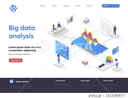 Big data analysis isometric landing page. Analytics and business intelligence isometry concept. Online analysis tools, software development company web page. Vector illustration with people characters 101580977