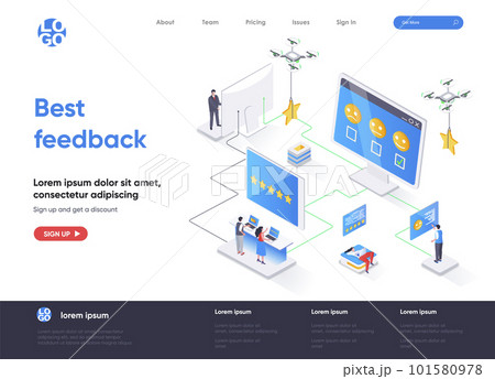 Best feedback isometric landing page. Online customers opinion, rating and review isometry concept. Social media marketing, feedback comment flat web page. Vector illustration with people characters. 101580978