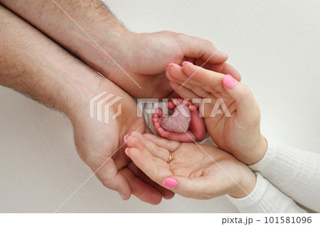 Feet, toes, heels of a newborn. Children's foot in the hands of mother, father, parents with a knitted pink heart. The legs of the child in the arms of mom and dad. On a white background. Feet, toes, heels of a newborn. Children's foot in the hands of mother, father, parents with a knitted pink heart. The legs of the child in the arms of mom and dad. On a white background. 101581096