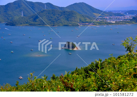 四国・鳴門海峡・話題のハート型の無人島、鏡島、鳴門スカイライン四方見展望台より・徳島県鳴門市(2) 101581272