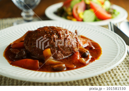 煮込みハンバーグと野菜サラダ 煮込みハンバーグと野菜サラダ 101581530