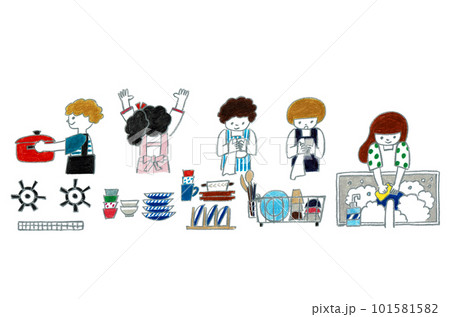 キッチンで後片付けをする子供たち 101581582