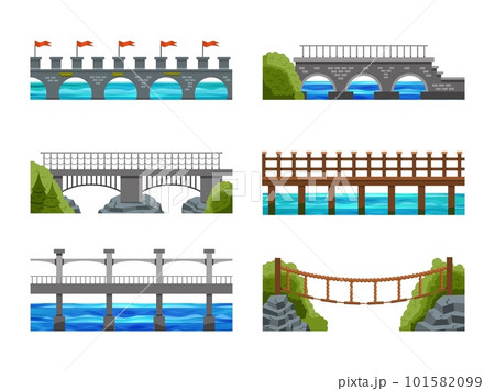 Bridges across river water. Isometric metal arch in city. Travel road landscape. Trees and building constructions. Stone and wood footbridges. Vector illustration scenery elements set Bridges across river water. Isometric metal arch in city. Travel road landscape. Trees and building constructions. Stone and wood footbridges. Vector illustration scenery elements set 101582099