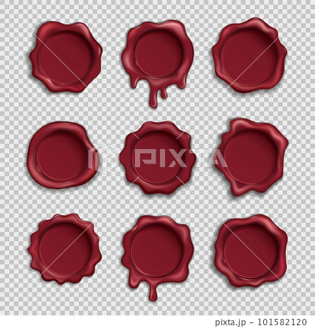 Seal wax stamp. Realistic round postmark set, certificate letter for premium office paper, diploma emblem, confidential documents, envelope seals 3d isolated elements. Vector graphic badge Seal wax stamp. Realistic round postmark set, certificate letter for premium office paper, diploma emblem, confidential documents, envelope seals 3d isolated elements. Vector graphic badge 101582120