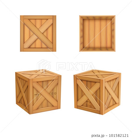 Open wooden box. Realistic wood crate. Empty container for gift or cargo. Brown moving board for freight. Top or side view. Shipping packaging. Vector isolated square storage packages set Open wooden box. Realistic wood crate. Empty container for gift or cargo. Brown moving board for freight. Top or side view. Shipping packaging. Vector isolated square storage packages set 101582121