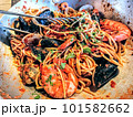 Mussels, shrimps with spaghetti in tomato sauce italian style, in the pan 101582662