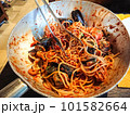 Mussels, shrimps with spaghetti in tomato sauce italian style, in the pan 101582664