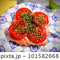 Smoked salmon fillet with tomato slices on bread at plate. High quality photo 101582668