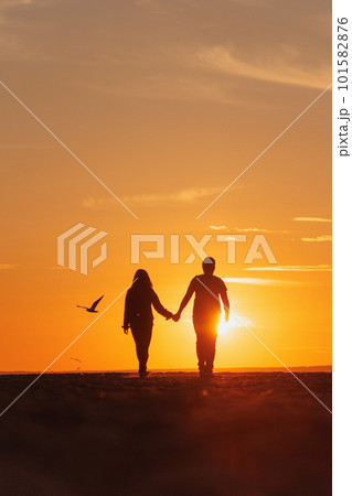 silhouette of a couple at sunset, woman and man walking along seashore in rays of sunset sunlight silhouette of a couple at sunset, woman and man walking along seashore in rays of sunset sunlight 101582876